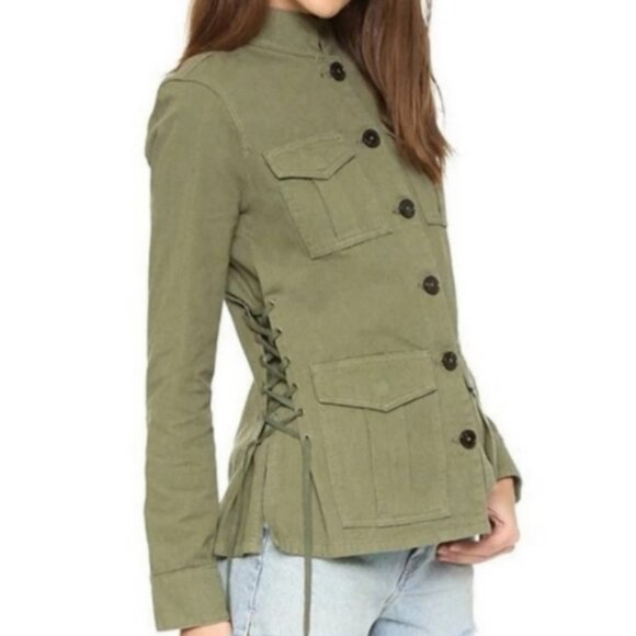 Tory Burch Lace up Military Utility Jacket Olive Green Large Classic Casual Fall - Picture 1 of 5
